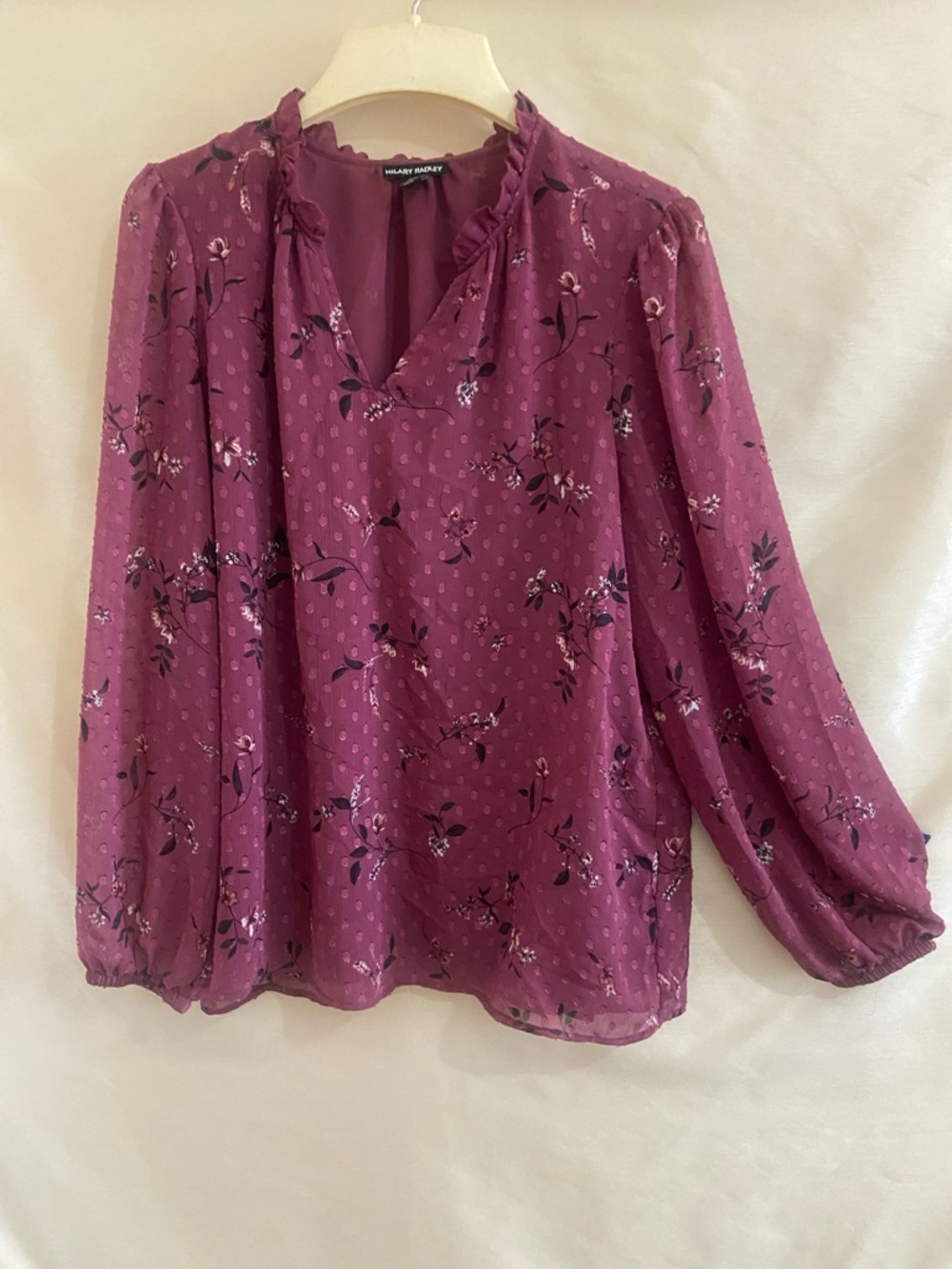 Hilary Radley Plum Floral Ruffle-Neck Long Sleeve Blouse